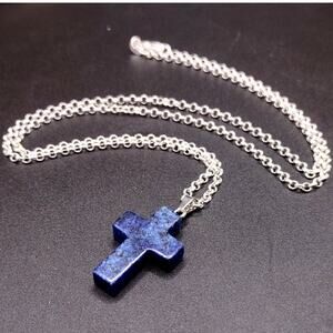 925 Silver Necklace W/ Blue Agate Cross Stone Boho Anniversary Birthday Gift